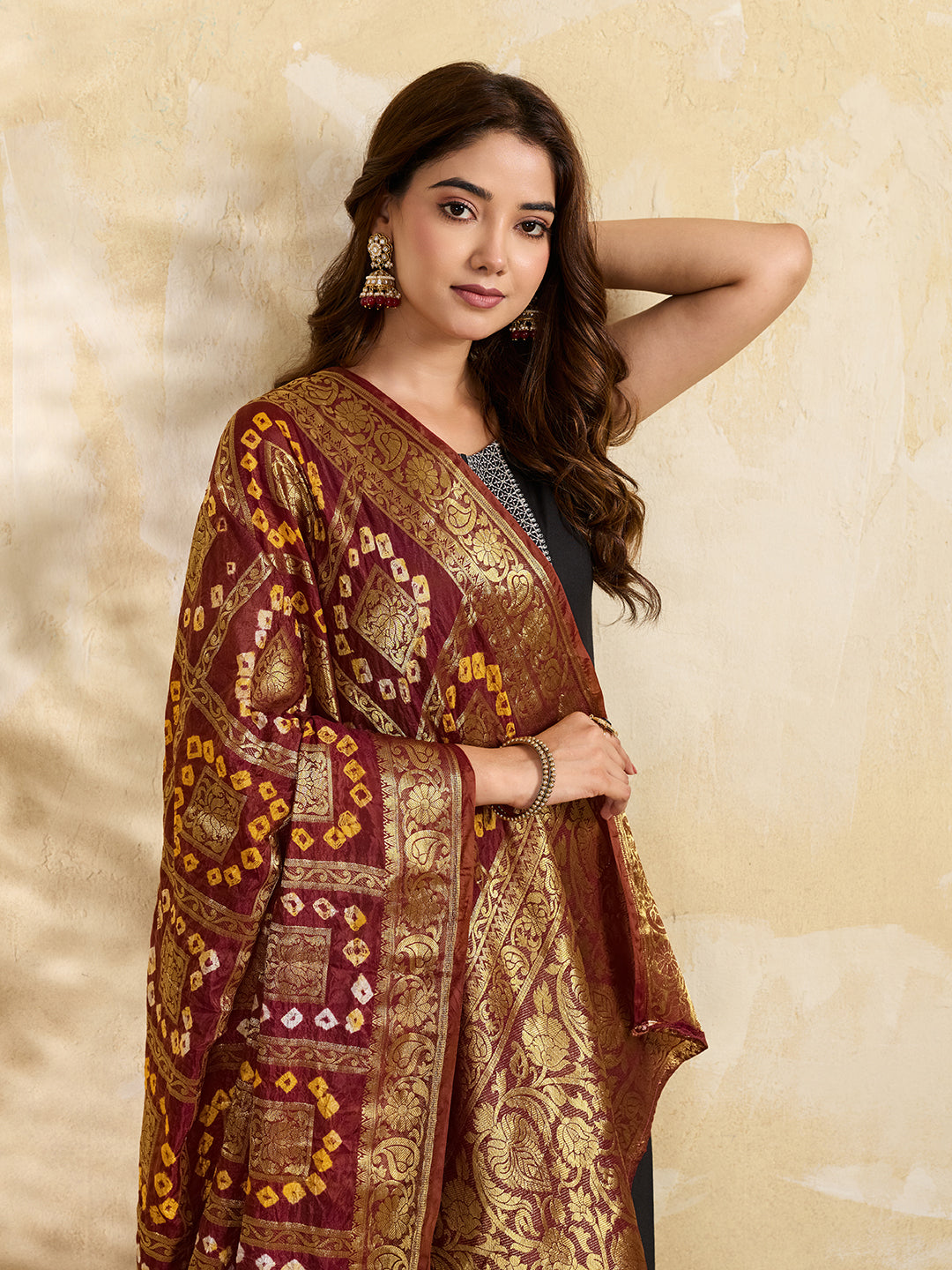 KcPc Royal Look Jacquard Silk Dupatta with Authentic Handmade Bandhani