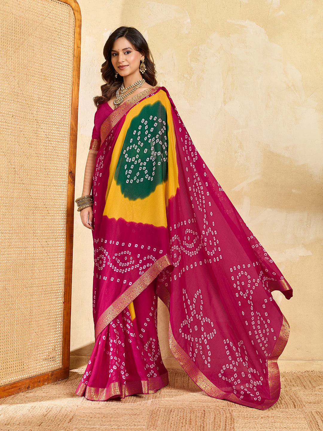 KcPc New Graceful Bandhani Style Moss Chiffon Georgette Saree with Zari Border KDN