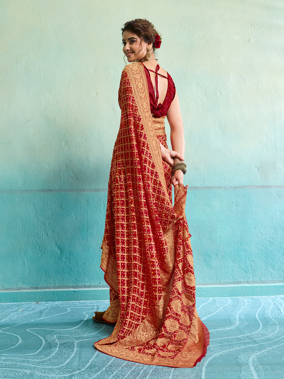 KcPc New Launch Pure Khaddi Georgette Upada Neemzari Bandhej SareeRed