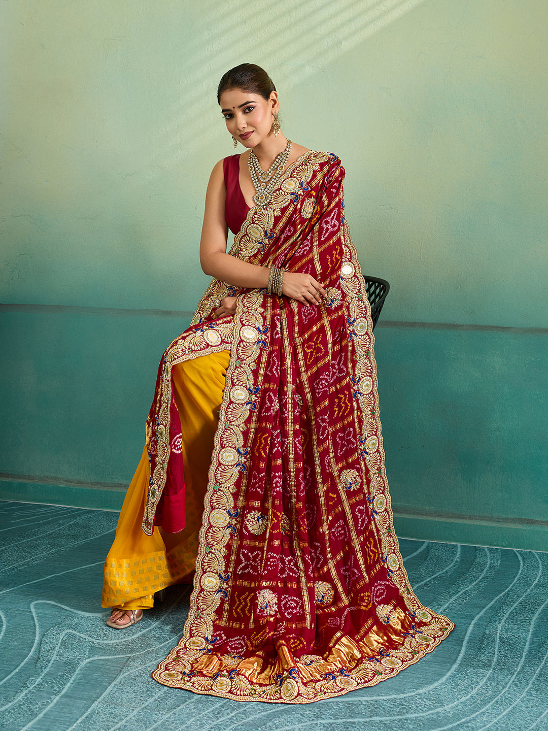 KcPc Royal Gaji Silk Bandhani Pila Chunri with Fine Zardosi Work With Silver CoinsMNL