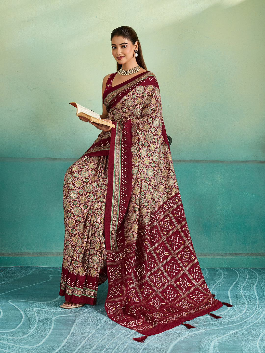 KcPc Tussar Silk Ajrakh Saree with Aari & Aabla WorkSTR