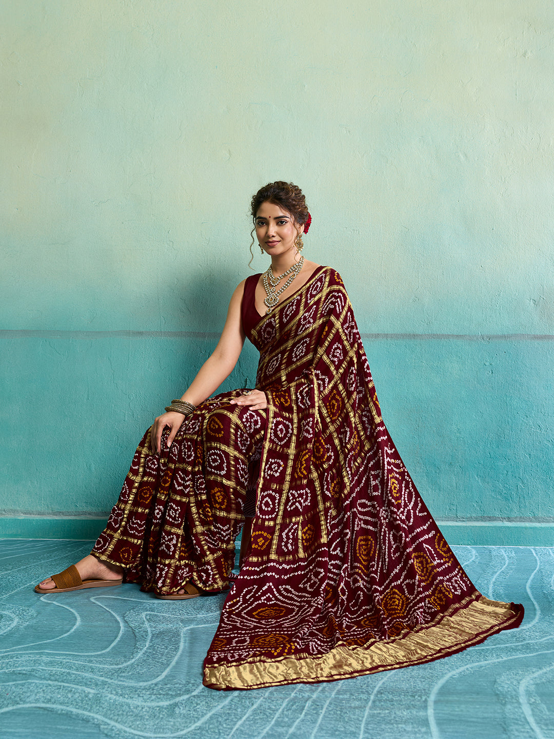 KcPc Pure Gaji Silk Bandhani Ghatchola SareeMehroon