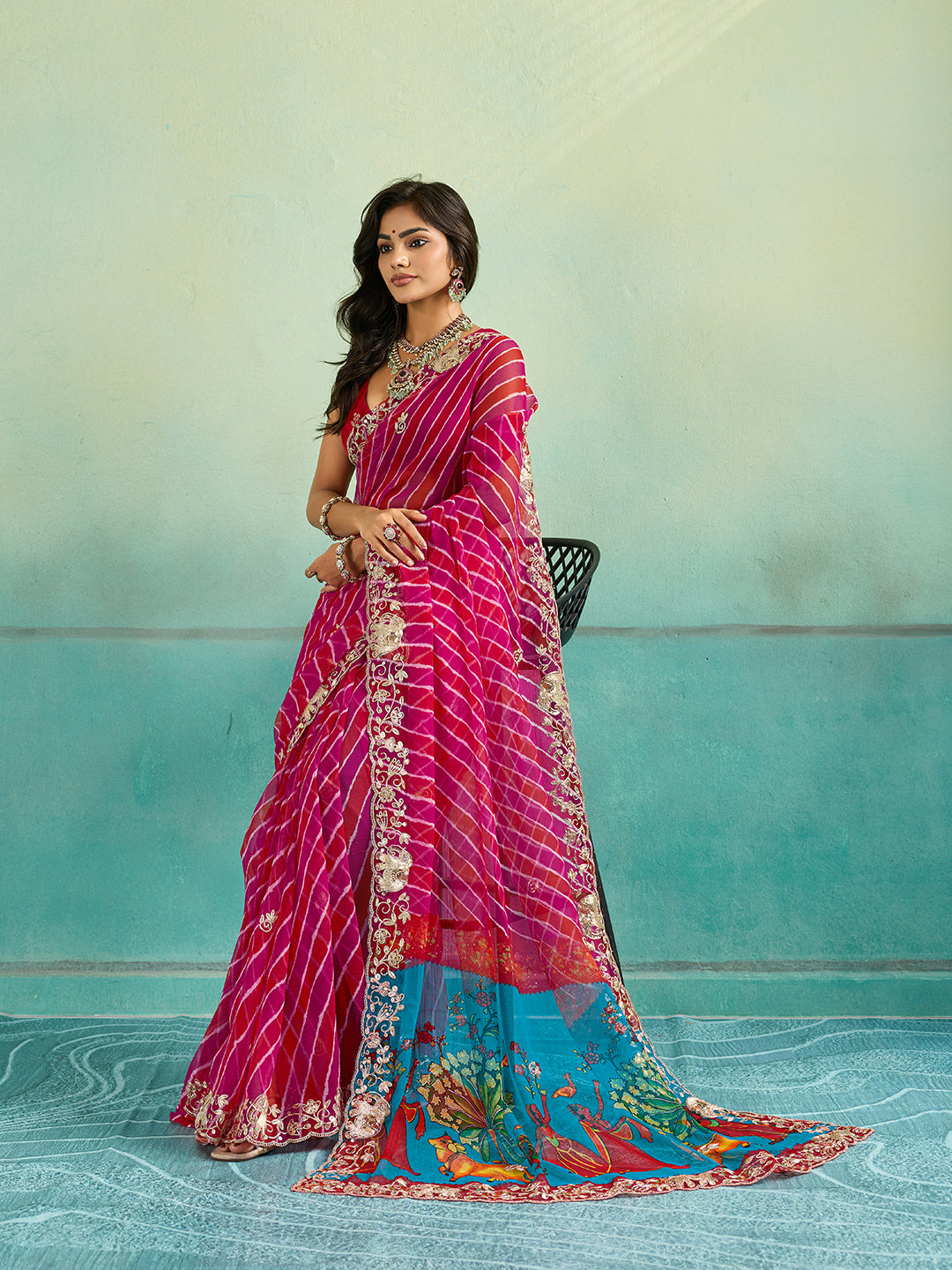 KcPc New Premium Leheriya Kalamkari Style Saree Crafted in Soft Chiffon Georgette FabricVND