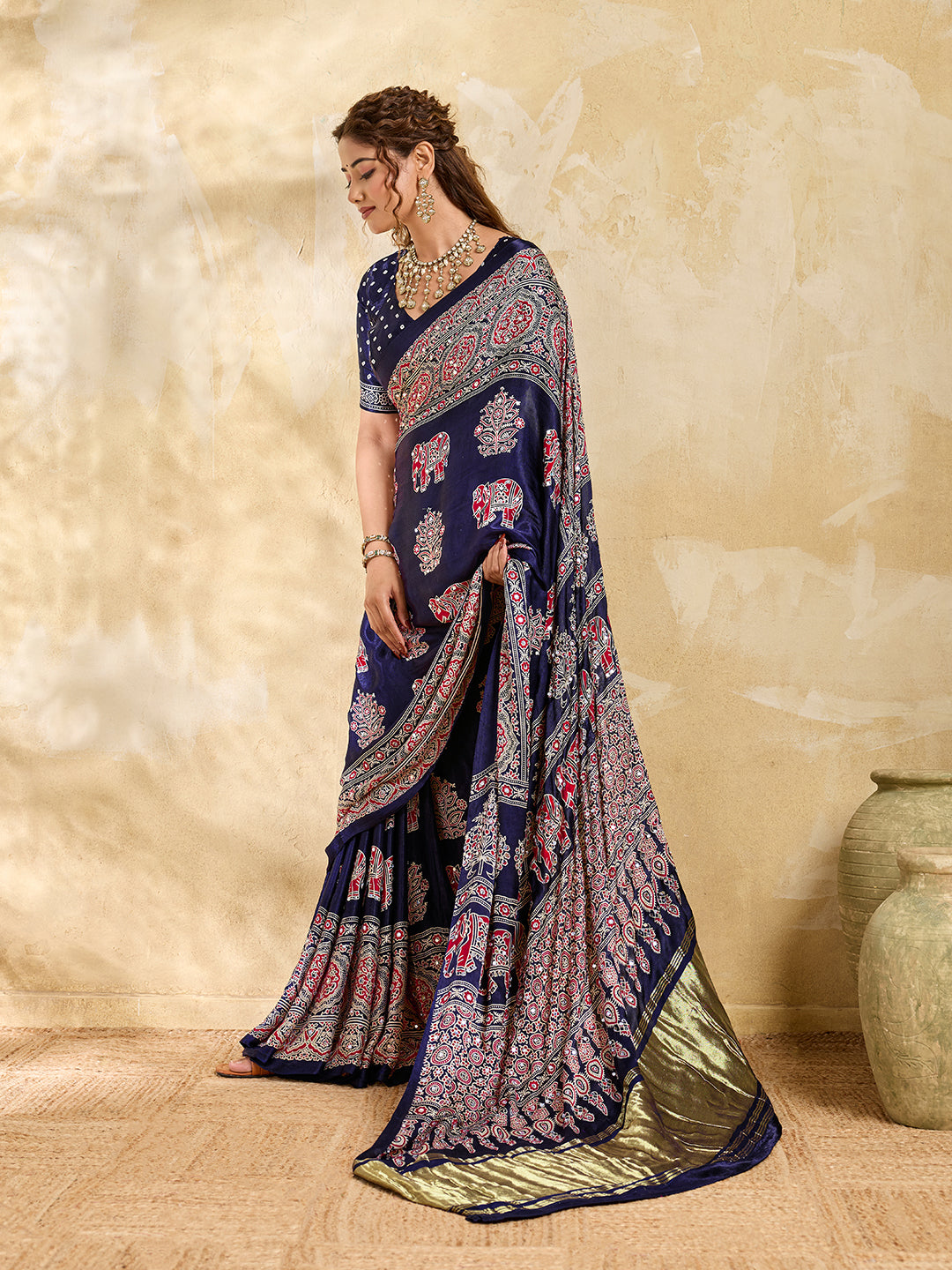 Buy Modal Silk Ajrakh Style With Mirror Work KcPc
