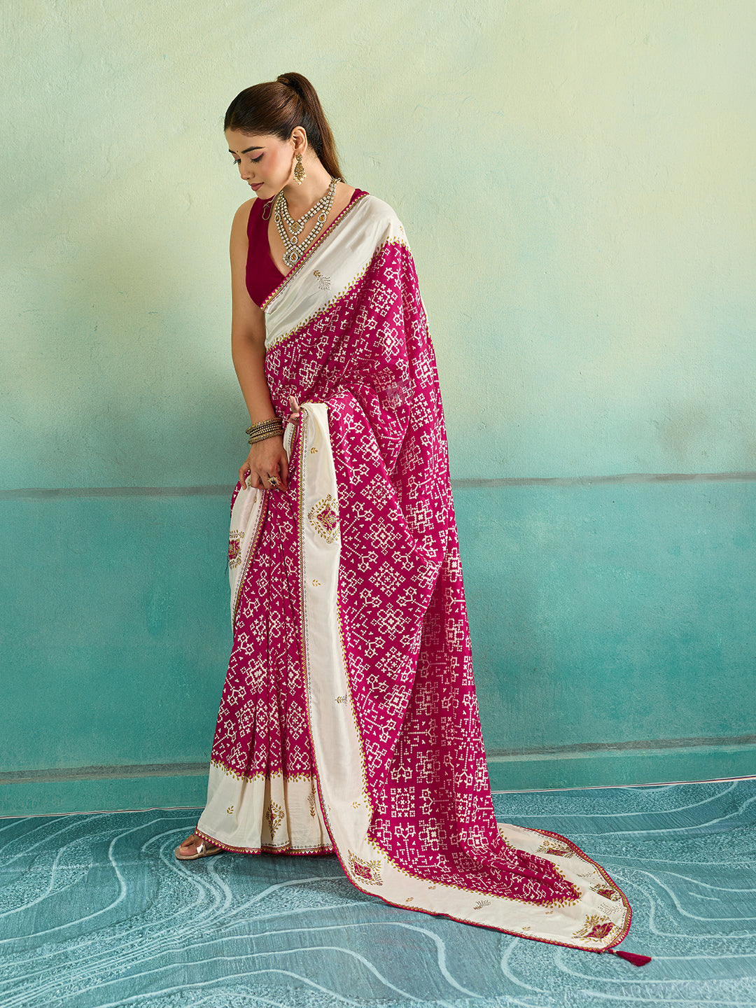 KcPc New Latest Ajrakh Style Creap Silk Saree with Stone Work Saree STR