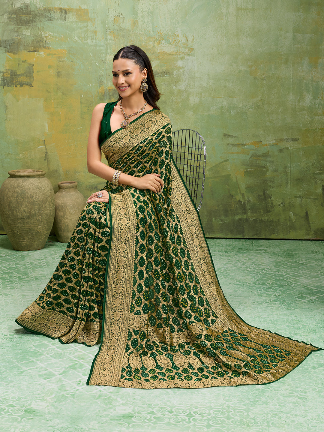 KcPc Latest New Launch Pure Khaddi Georgette Upada Neemzari Bandhej SareeBottle Green