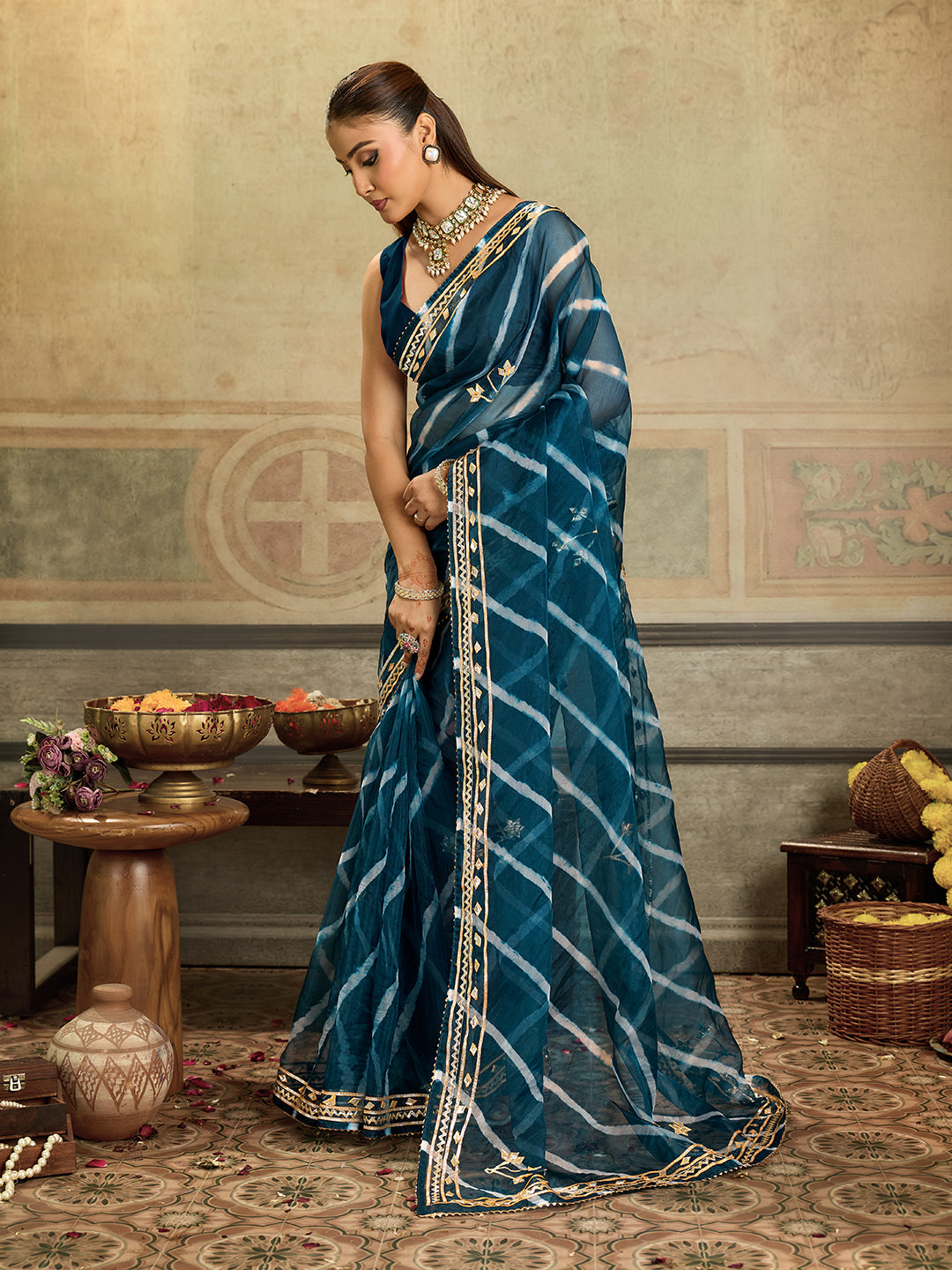 KcPc New Arrival Organza Leheriya Style With Gotapatti Work Saree MHS