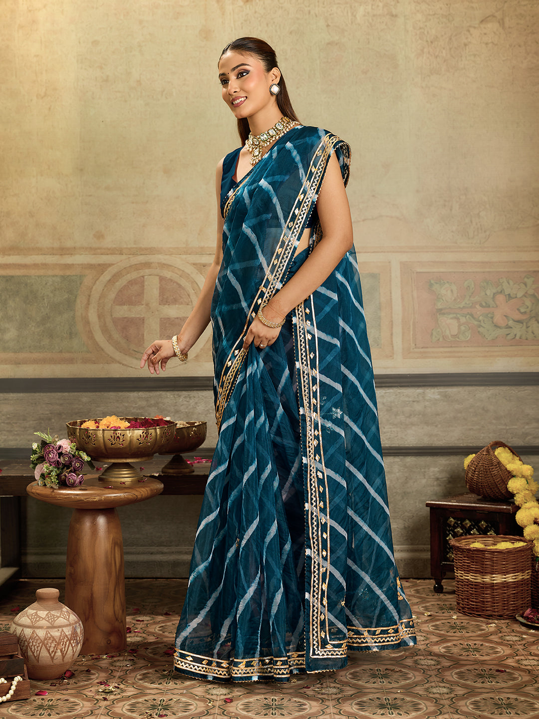 KcPc New Arrival Organza Leheriya Style With Gotapatti Work Saree MHS