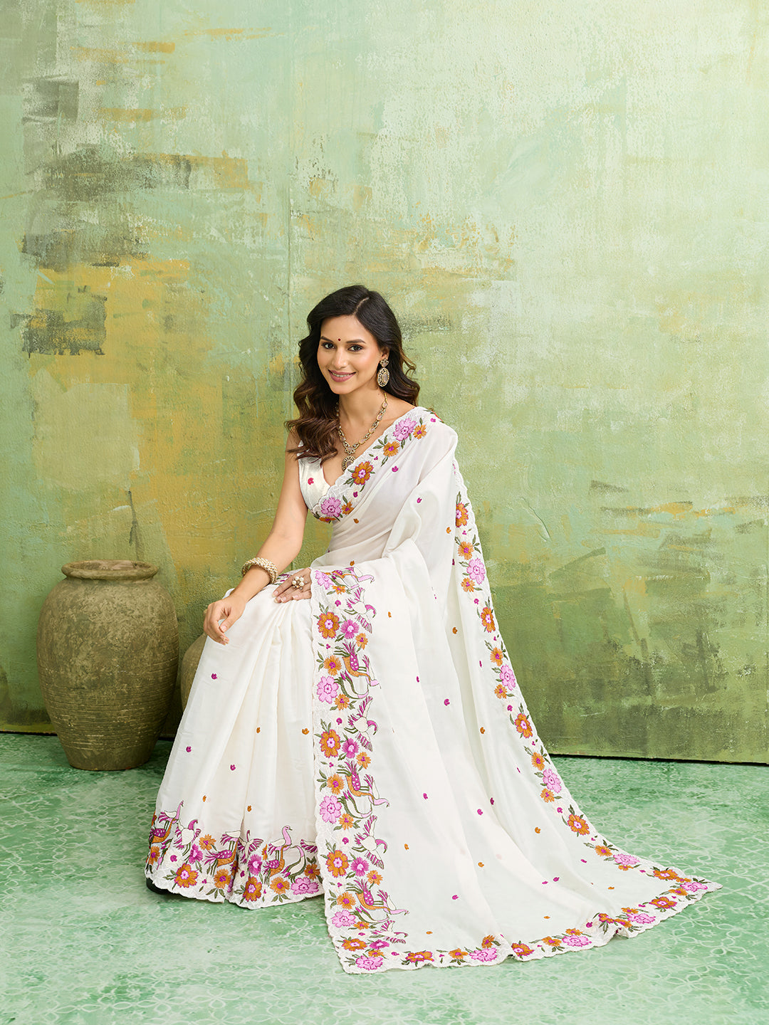 Buy Tussar Silk Saree with Beautiful Embroidery Work Kcpc