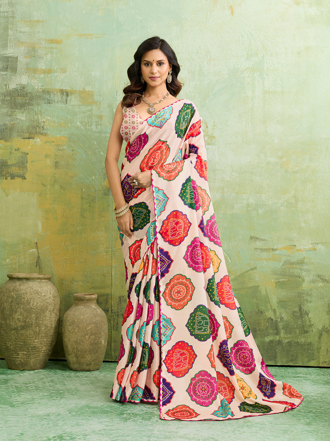 KcPc Arrival Crape Bandhani Multicolor Saree with Gotapatti Border SANA
