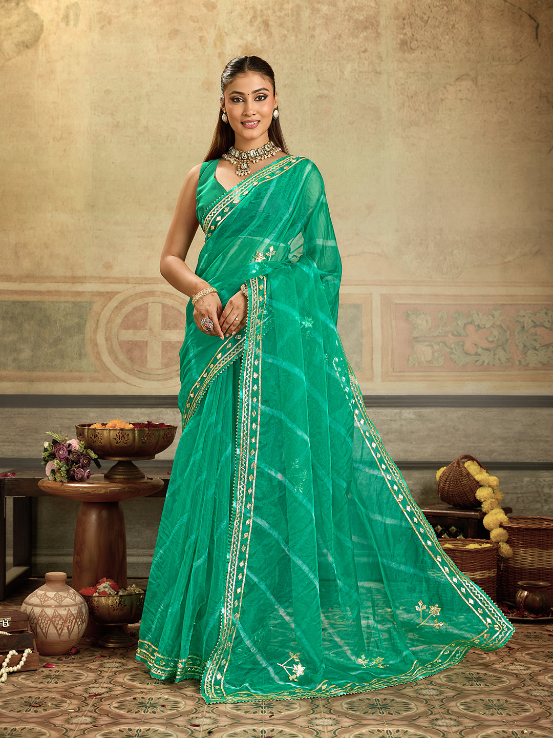 KcPc New Spiceal Organza Leheriya Style With Gotapatti Work Saree MHS