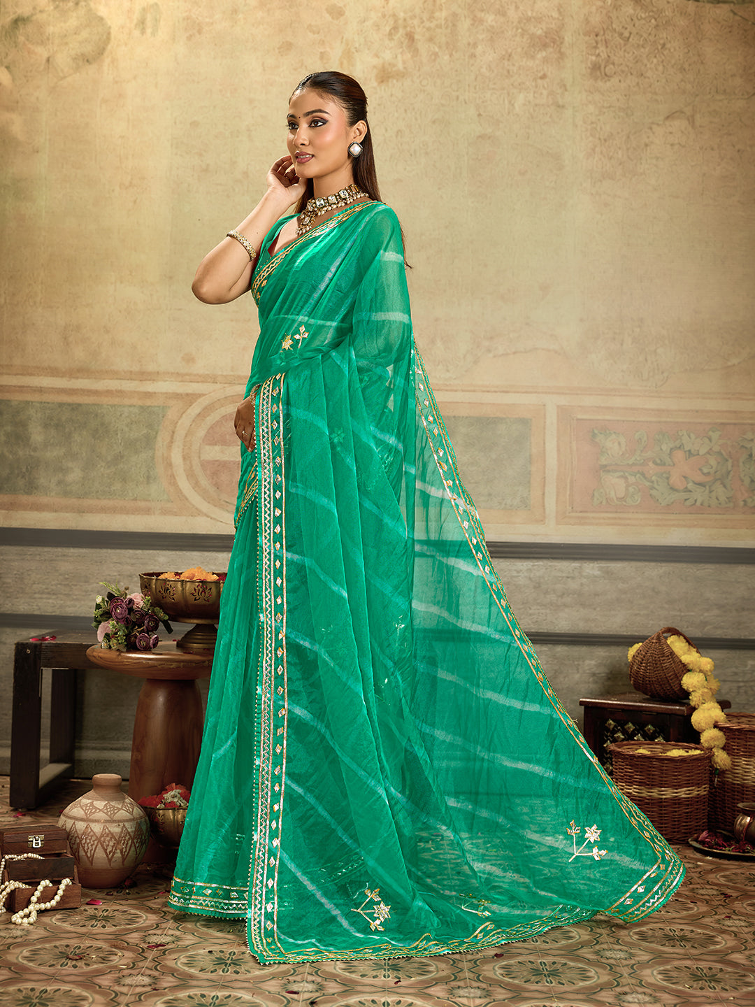 KcPc New Spiceal Organza Leheriya Style With Gotapatti Work Saree MHS