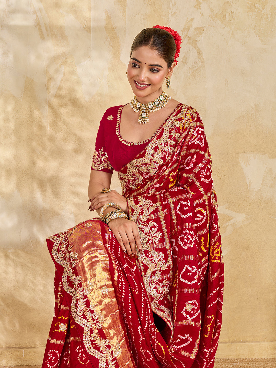 Buy Gaji Silk Saree With Bandhani Style Gota Patti Work KcPc