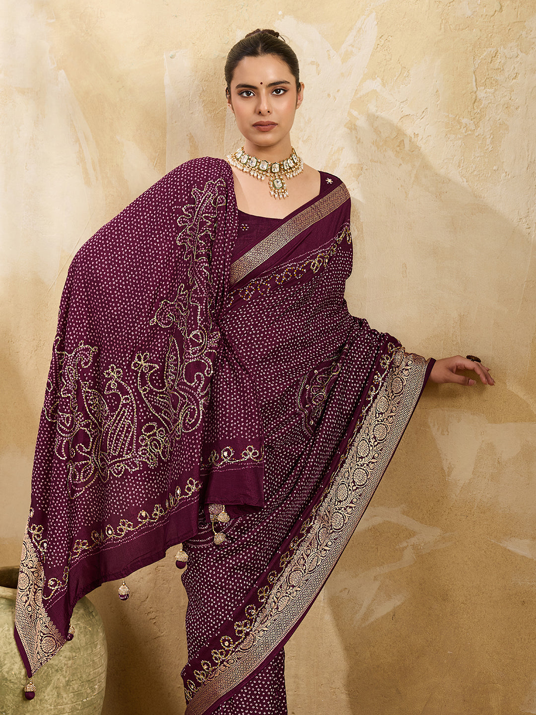 KcPc Beautiful Viscos Silk Bandhani PrintAari tari work Saree Green GAN