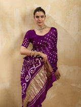 KcPc Modal Gaji Silk Bandhani Ekdana Handmade Bandhej Saree with Lagdi Patta Pallu RJB
