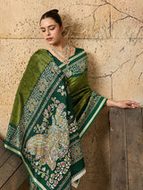A green saree with Silk Printed Style With Zari Border Work