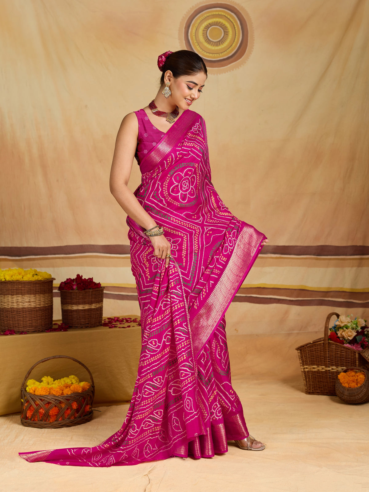 KcPc New Spiceal Cotton Silk Bandhani Style With Zari Border Work Saree STL