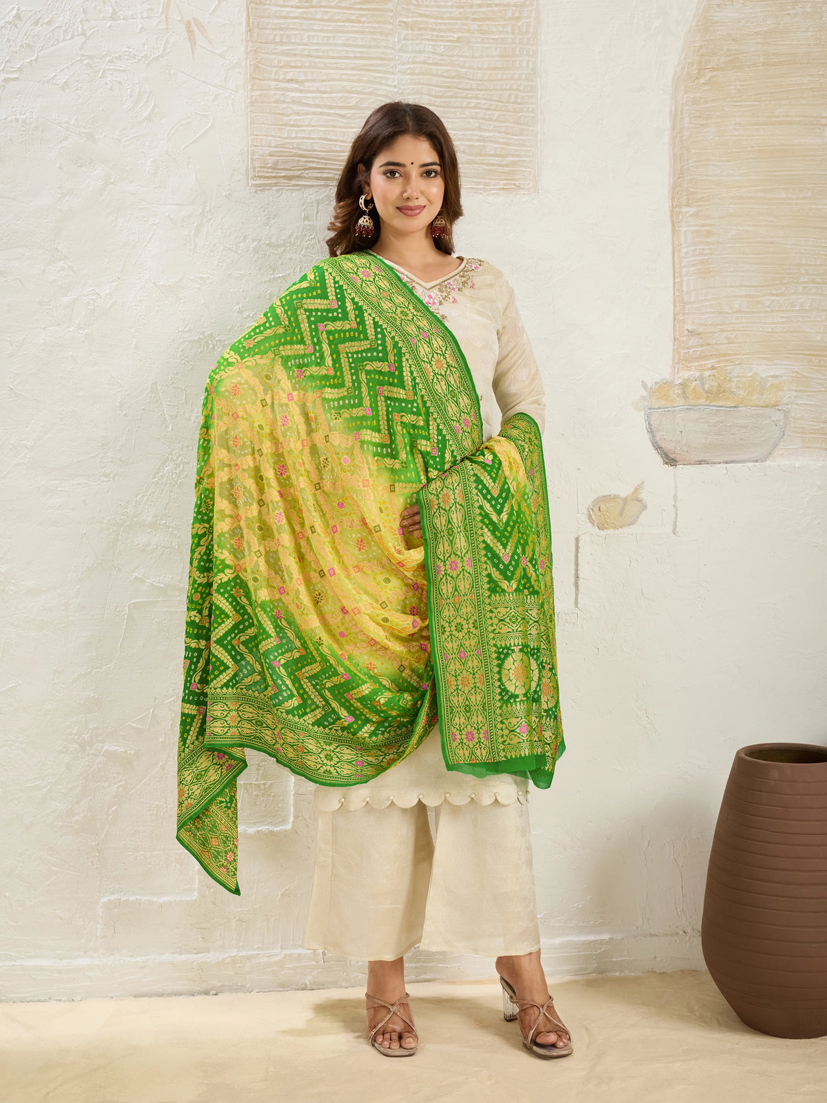 KcPc Pure Khaddi Georgette Meenakari Neemzari Bandhej Dupatta