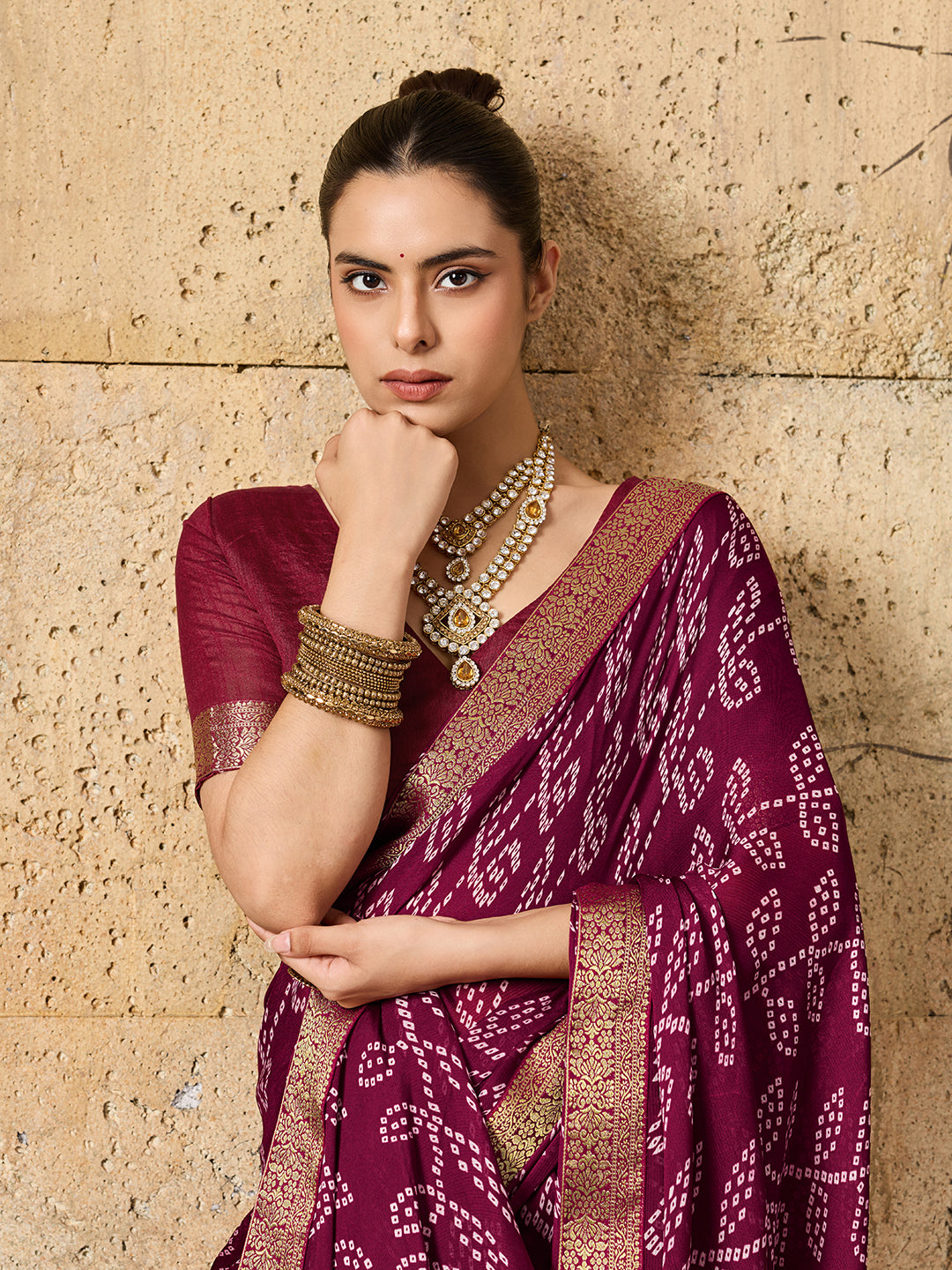 KcPc New Premium Quality Moss Chiffon Bandhani Style Saree for Casual & Everyday Wear KDN