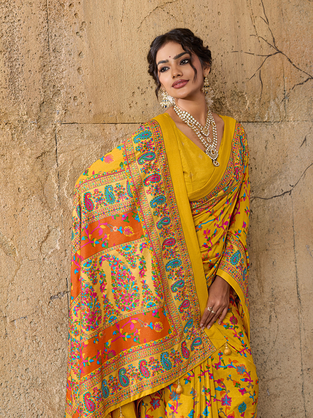 KcPc Latest handpickedpashmina silkFoil Print SareeSTR Mustard