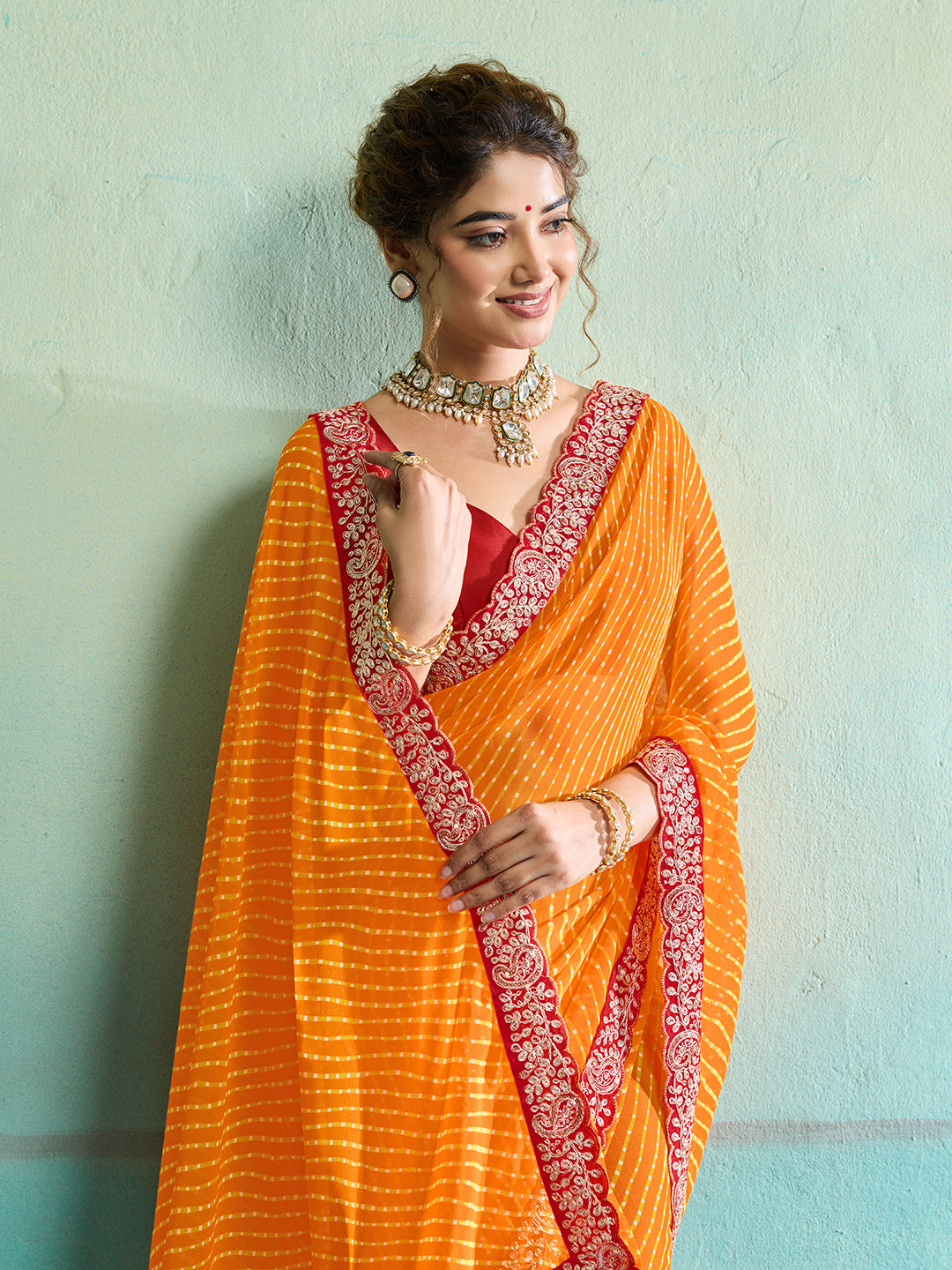 Buy New Spiceal Chiffon Leheriya Style With Embroidery Border Work Saree
