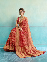 KcPc New Launch Pure Khaddi Georgette Upada Neemzari Bandhej SareeRed