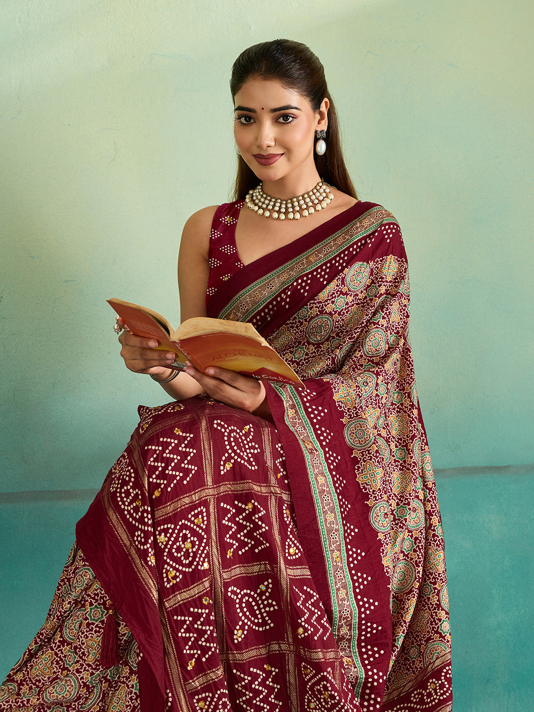 KcPc Tussar Silk Ajrakh Saree with Aari & Aabla WorkSTR