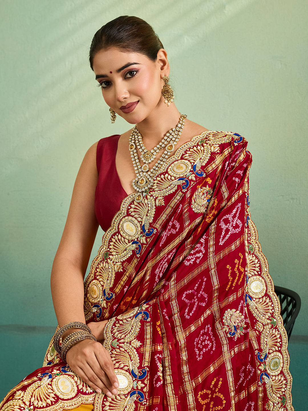KcPc Royal Gaji Silk Bandhani Pila Chunri with Fine Zardosi Work With Silver CoinsMNL