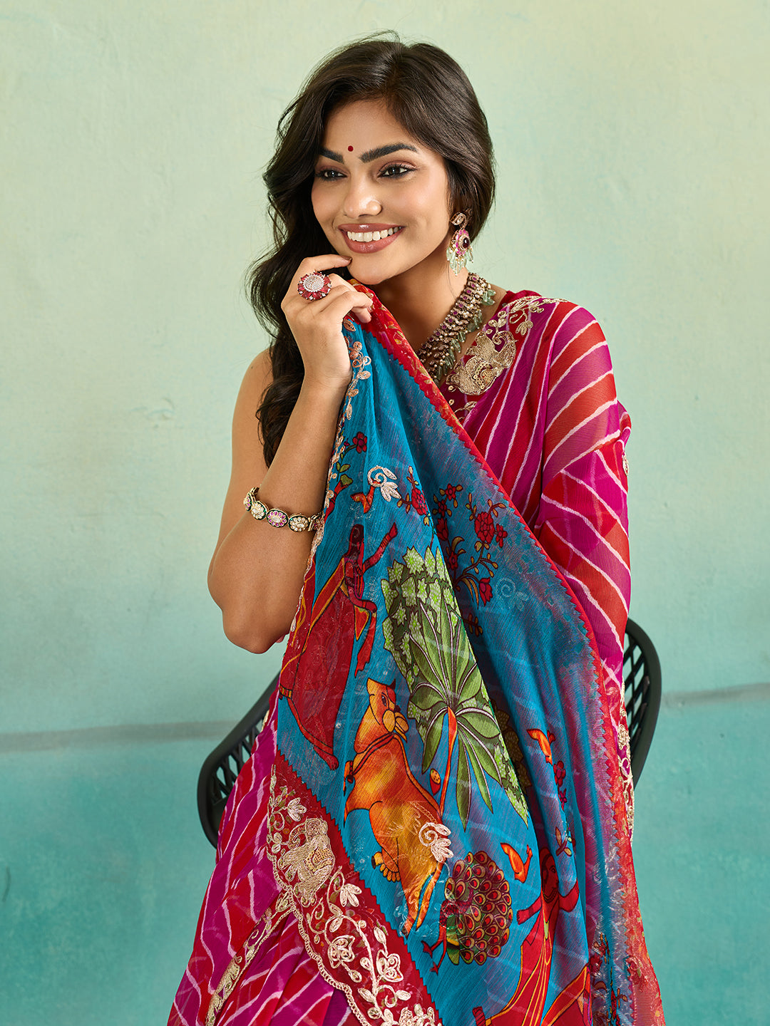 KcPc New Premium Leheriya Kalamkari Style Saree Crafted in Soft Chiffon Georgette FabricVND