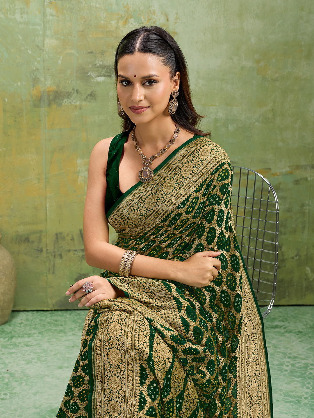 KcPc Latest New Launch Pure Khaddi Georgette Upada Neemzari Bandhej SareeBottle Green