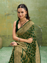 KcPc Latest New Launch Pure Khaddi Georgette Upada Neemzari Bandhej SareeBottle Green