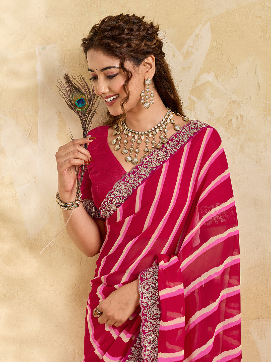 Chiffon Leheriya Style With Embroidery Border Work Saree in pink colour