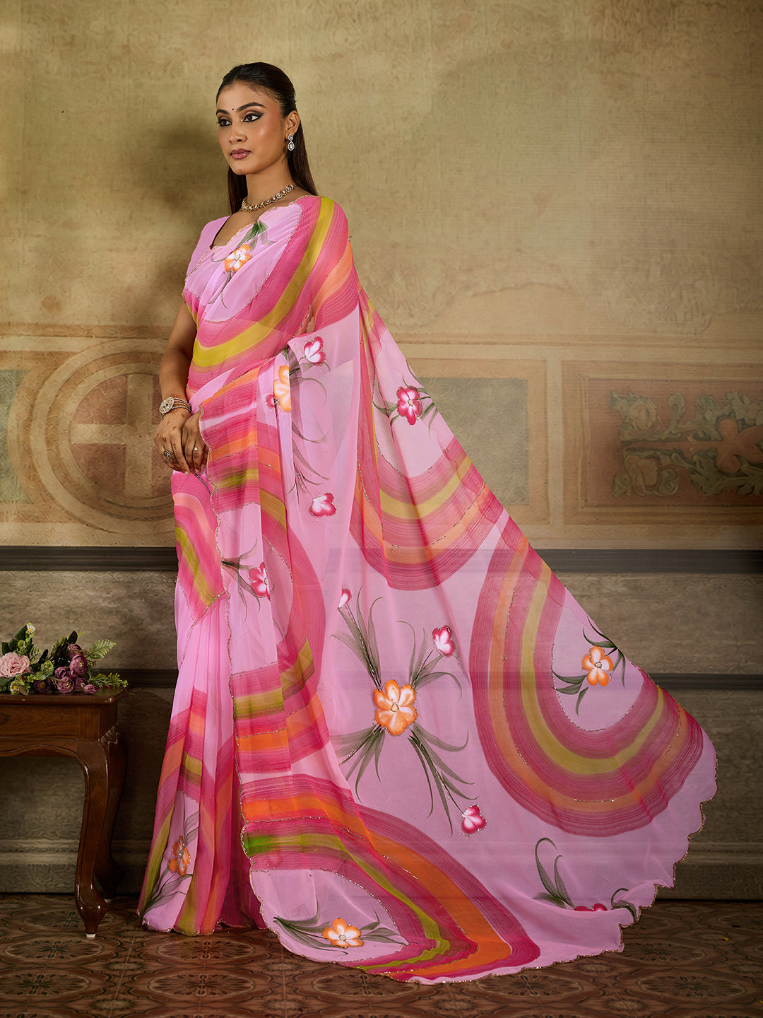 KcPc Premium Floral Handbrush Print Georgette Saree For Festive Celebrations