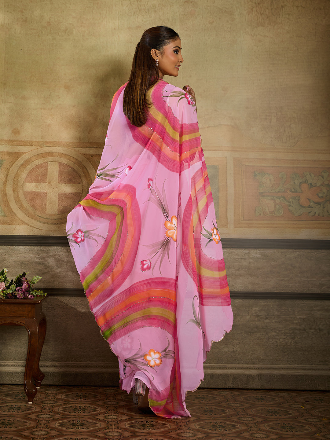 KcPc Premium Floral Handbrush Print Georgette Saree For Festive Celebrations