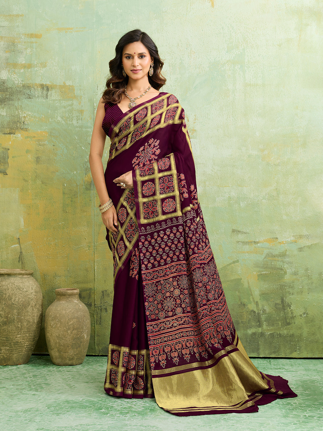 Buy Ajrakh Style Saree With Festive Wear Kcpc