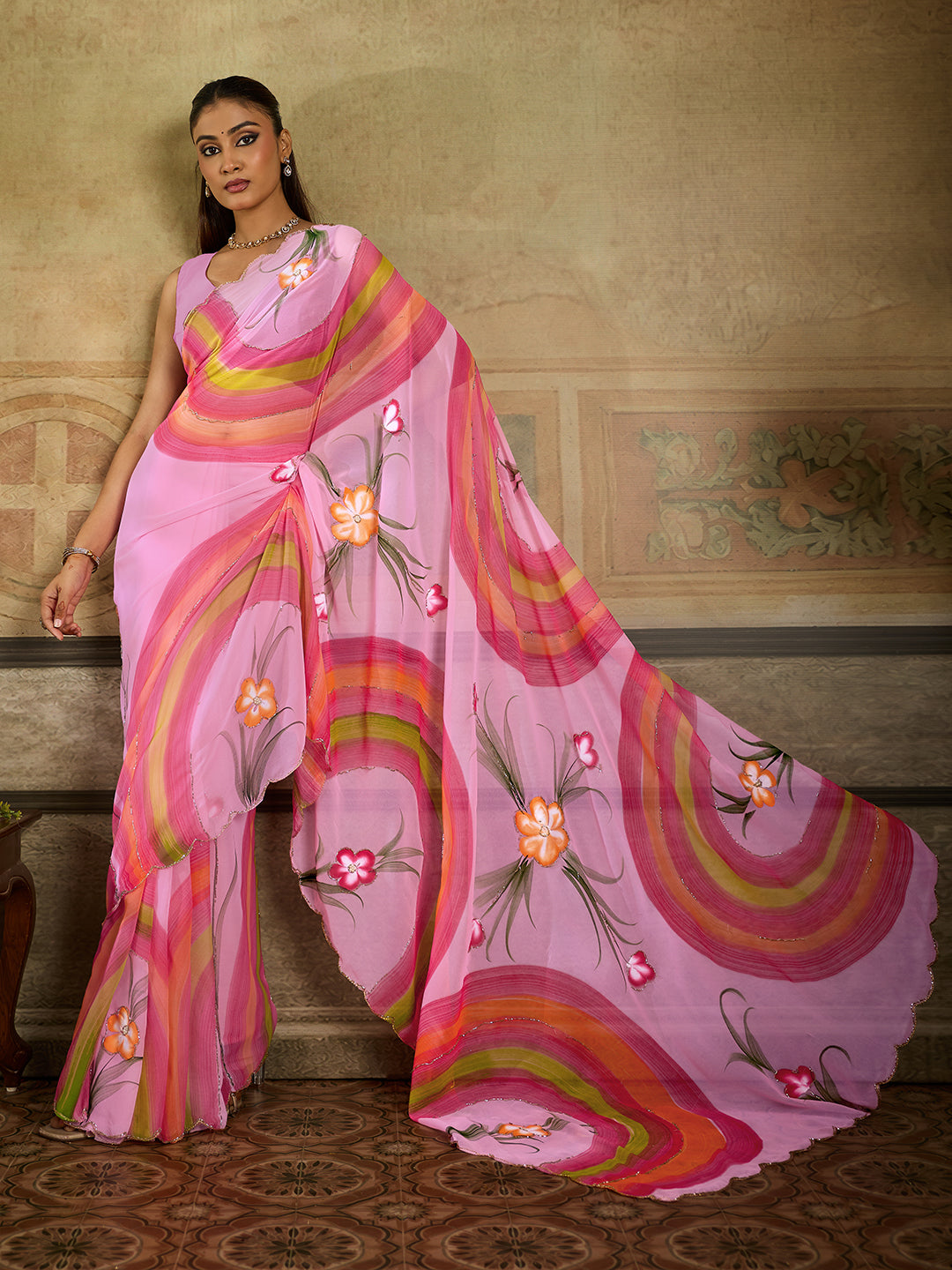 KcPc Premium Floral Handbrush Print Georgette Saree For Festive Celebrations
