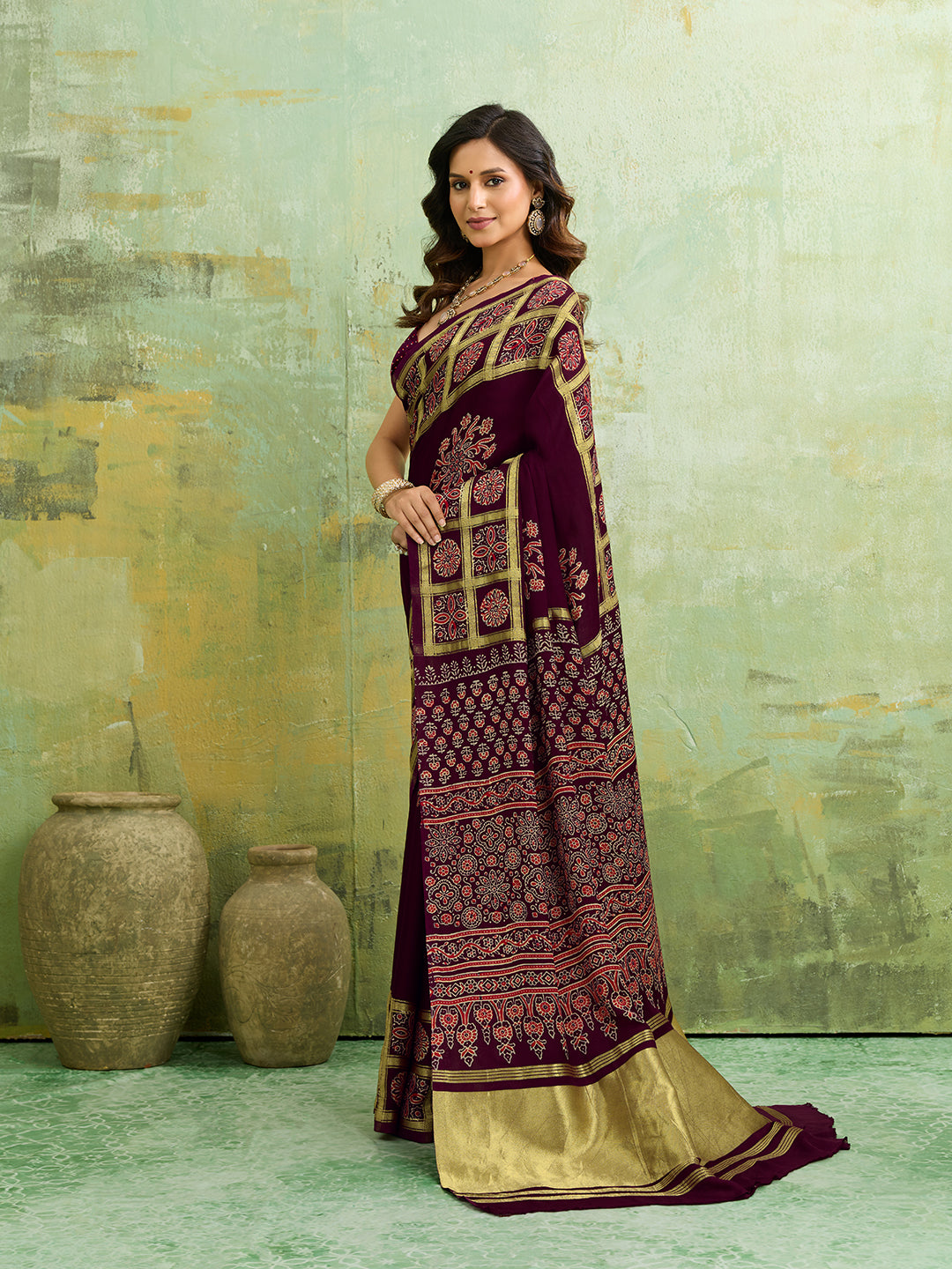 Buy Ajrakh Style Saree With Festive Wear Kcpc
