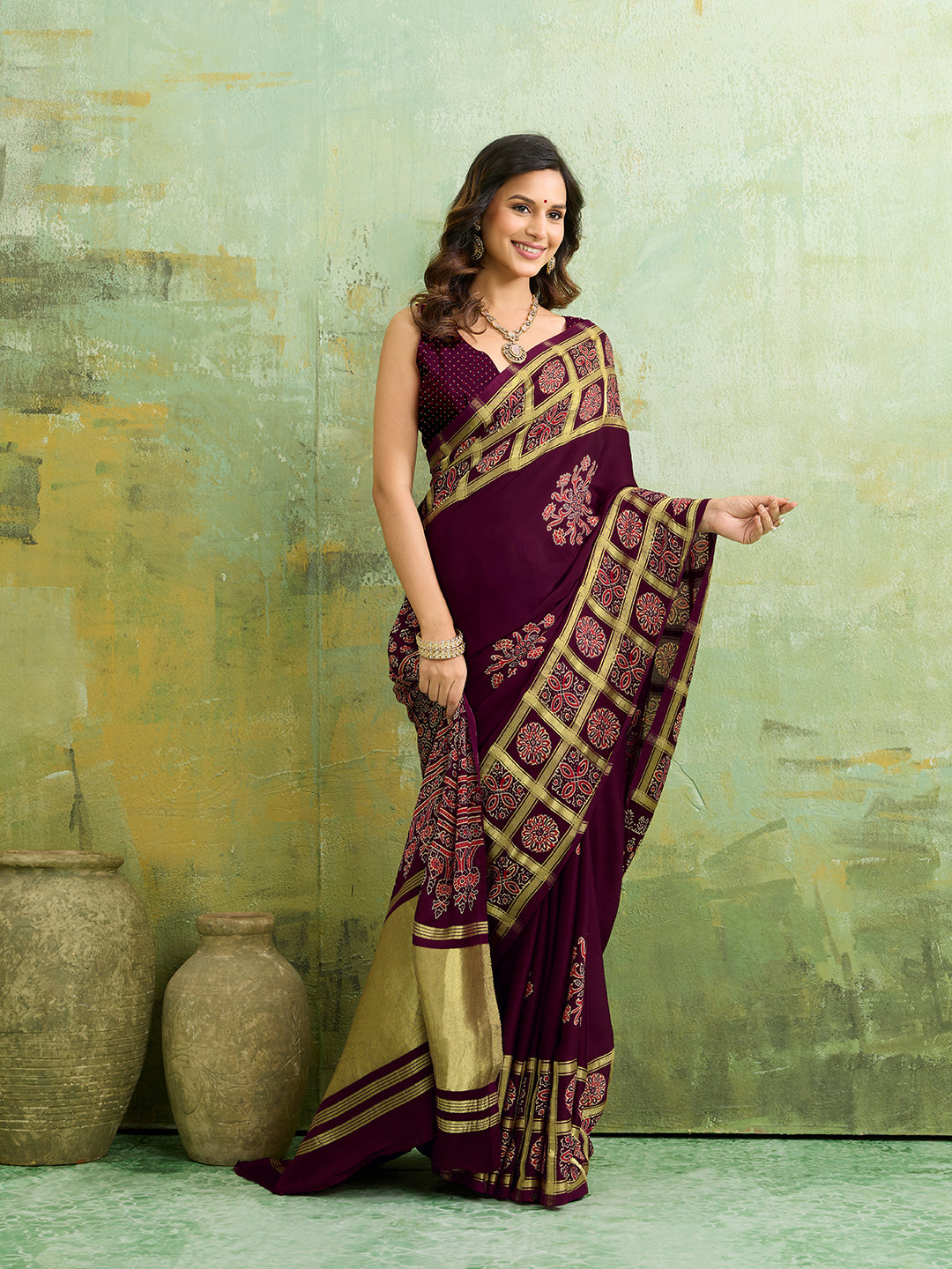 Buy Ajrakh Style Saree With Festive Wear Kcpc