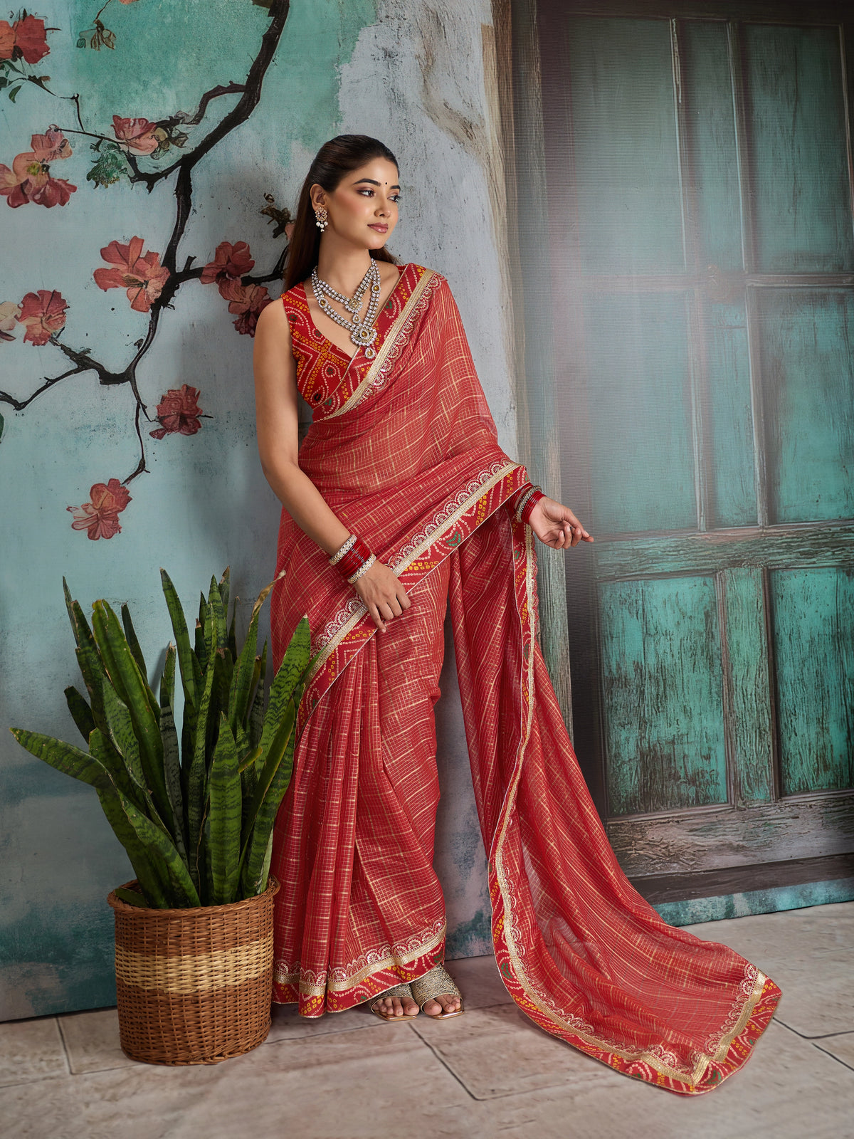 KcPc Embroidery Bandhani Border Kota Doria Saree SWA