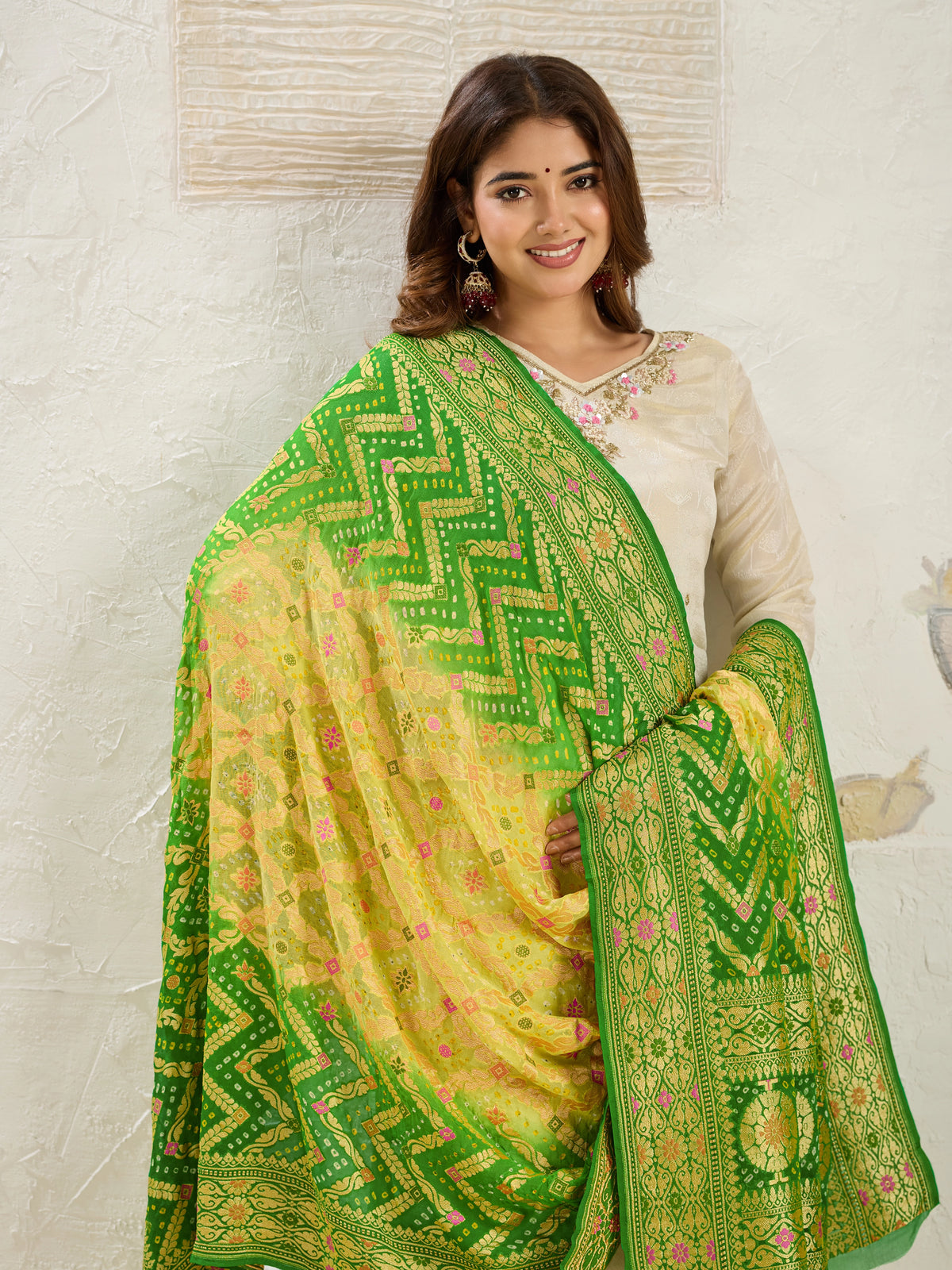 KcPc Pure Khaddi Georgette Meenakari Neemzari Bandhej Dupatta