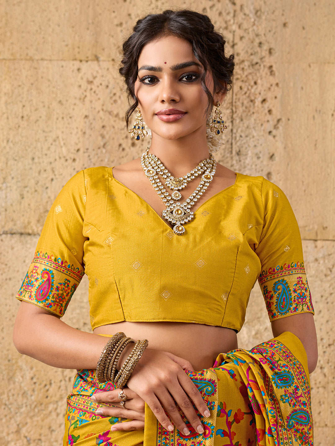 KcPc Latest handpickedpashmina silkFoil Print SareeSTR Mustard