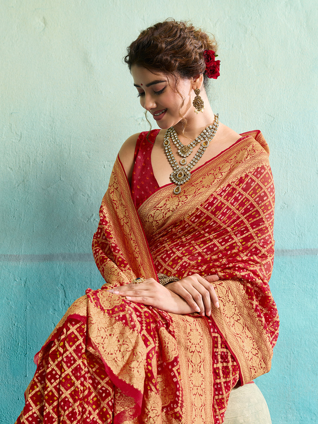 KcPc New Launch Pure Khaddi Georgette Upada Neemzari Bandhej SareeRed