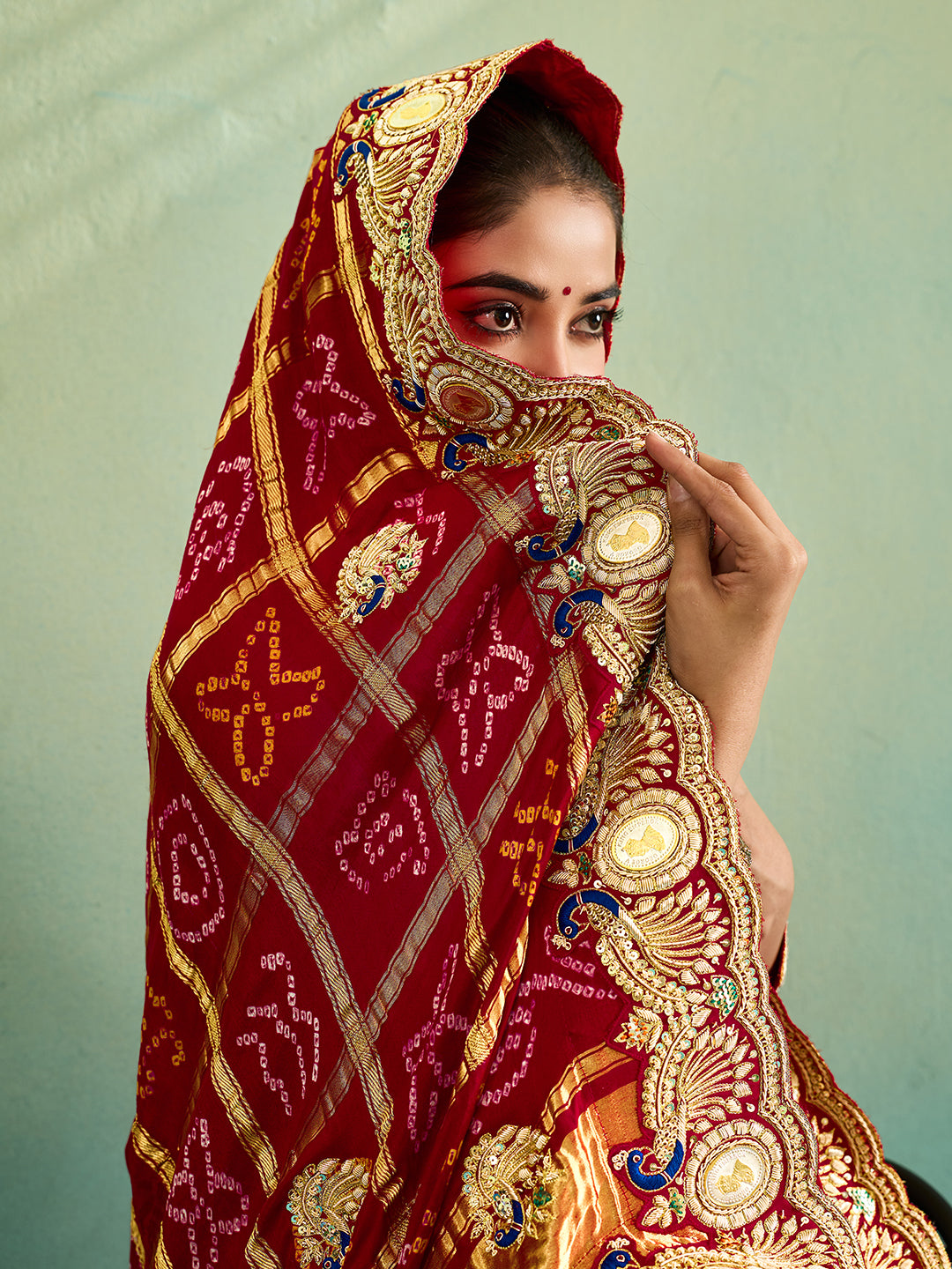 KcPc Royal Gaji Silk Bandhani Pila Chunri with Fine Zardosi Work With Silver CoinsMNL