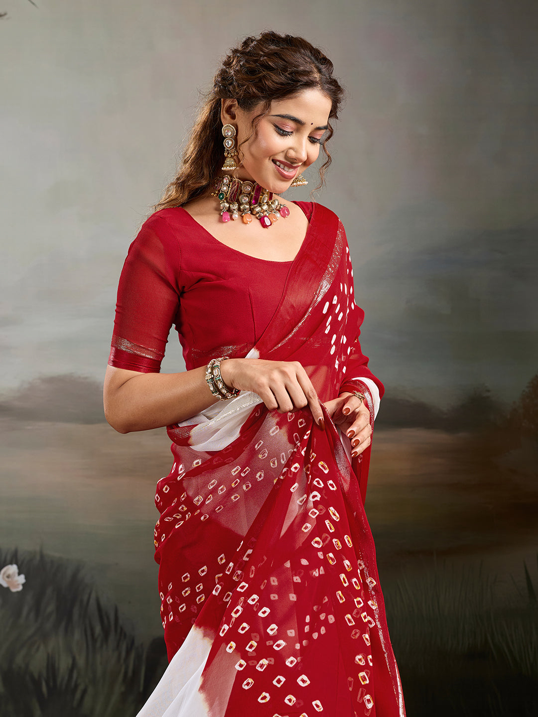 Georgette Multi ColourBandhni saree under 1000