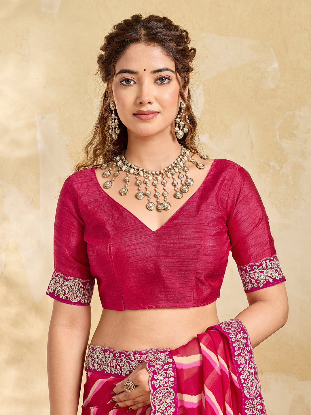 Chiffon Leheriya Style With Embroidery Border Work Saree in pink colour