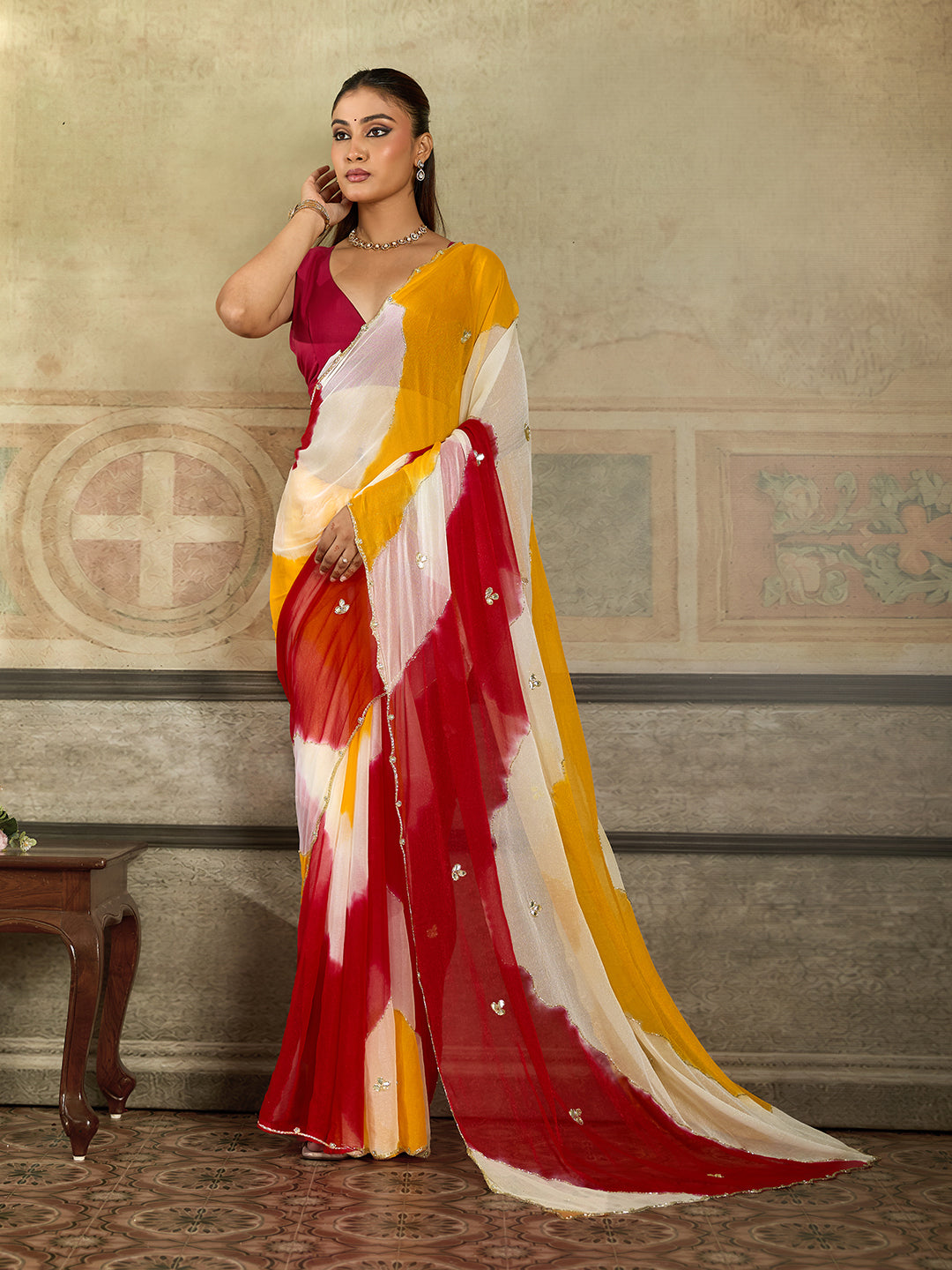 KcPc New Premium Faag Style Saree with Rich Cutdana Work and Ethnic Elegance SHCR
