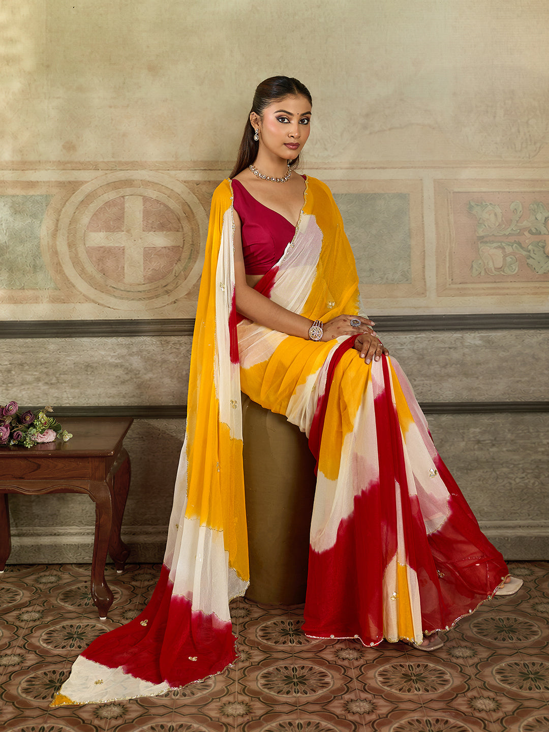 KcPc New Premium Faag Style Saree with Rich Cutdana Work and Ethnic Elegance SHCR