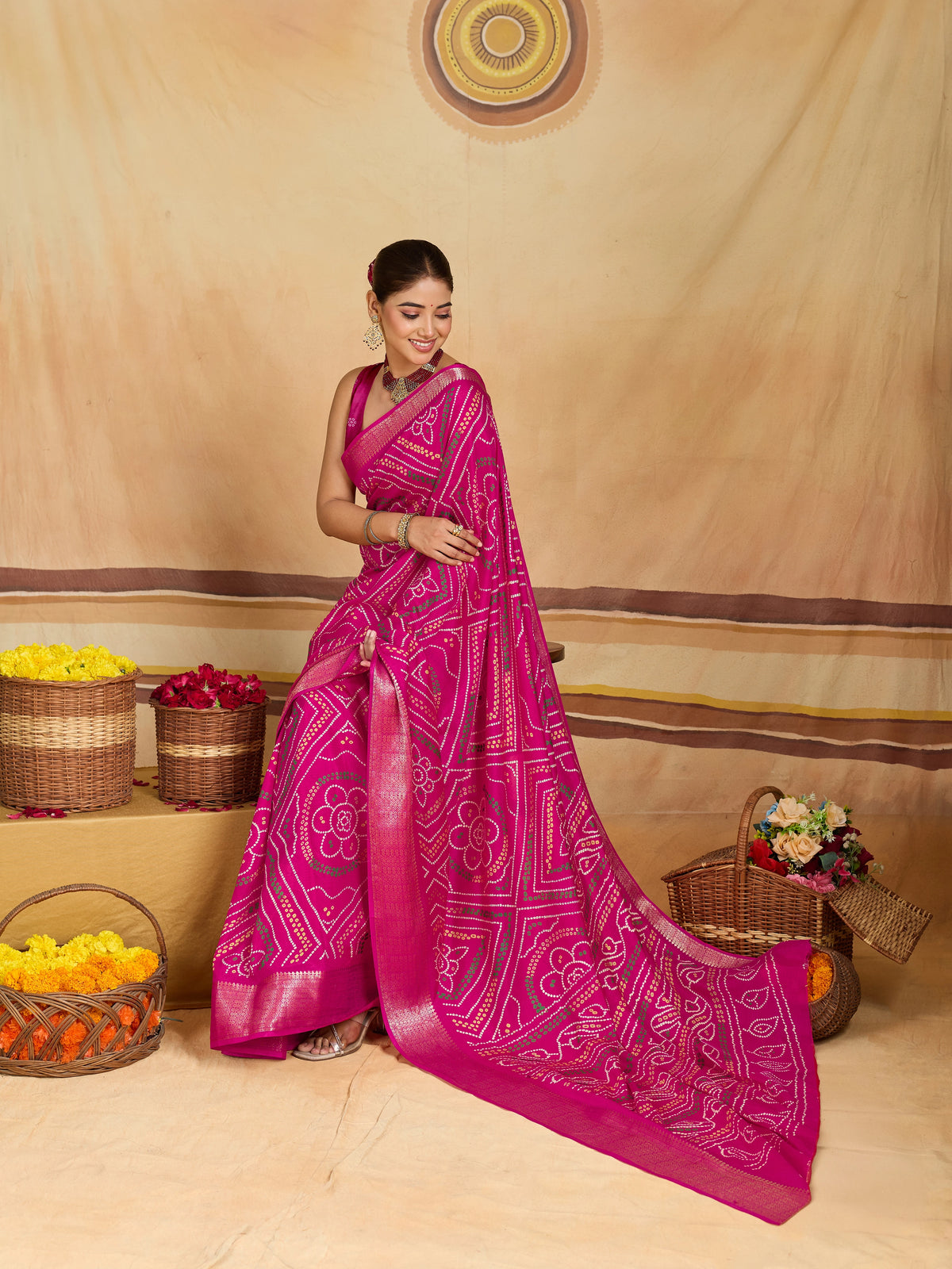 KcPc New Spiceal Cotton Silk Bandhani Style With Zari Border Work Saree STL