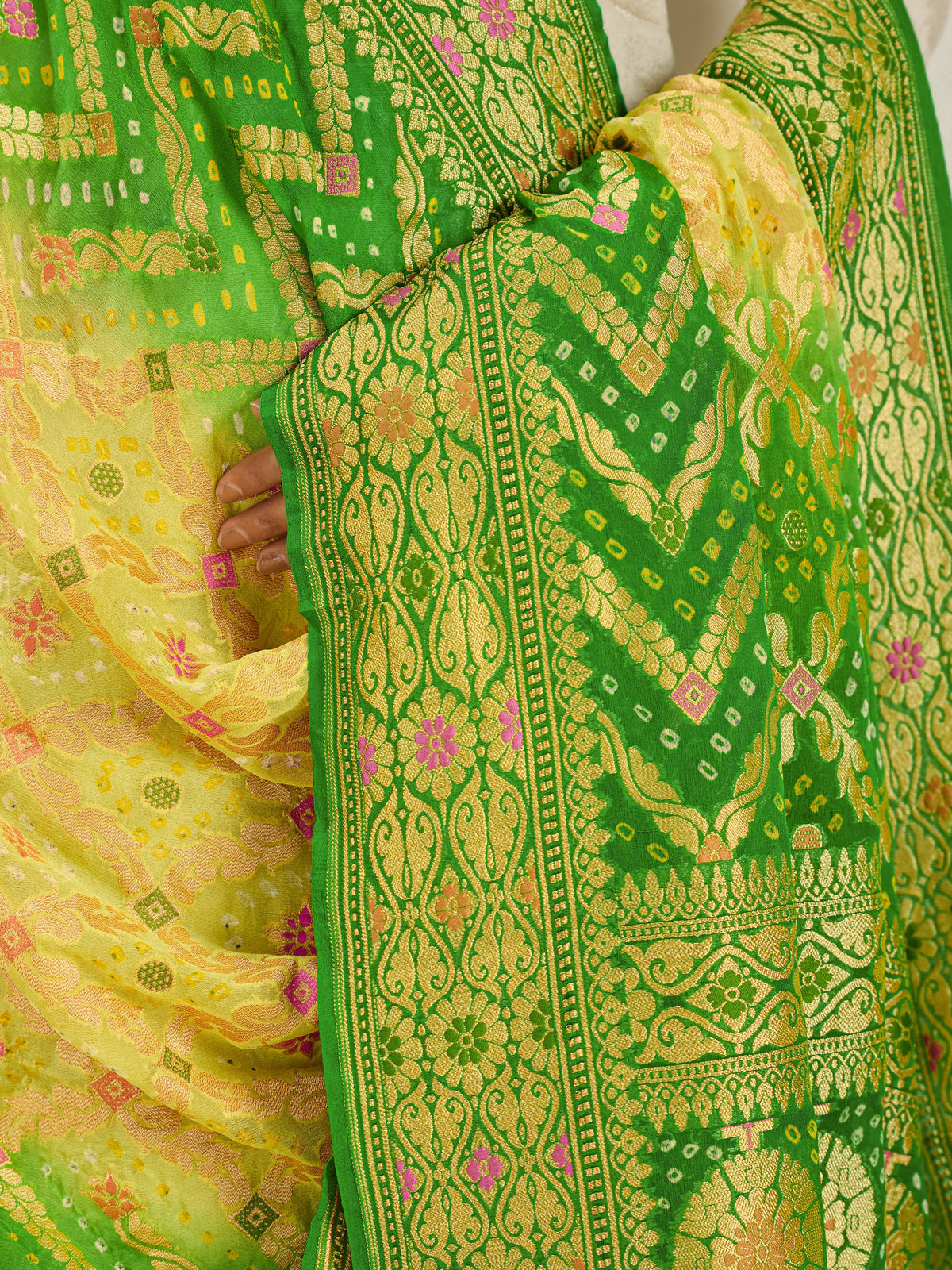 KcPc Pure Khaddi Georgette Meenakari Neemzari Bandhej Dupatta
