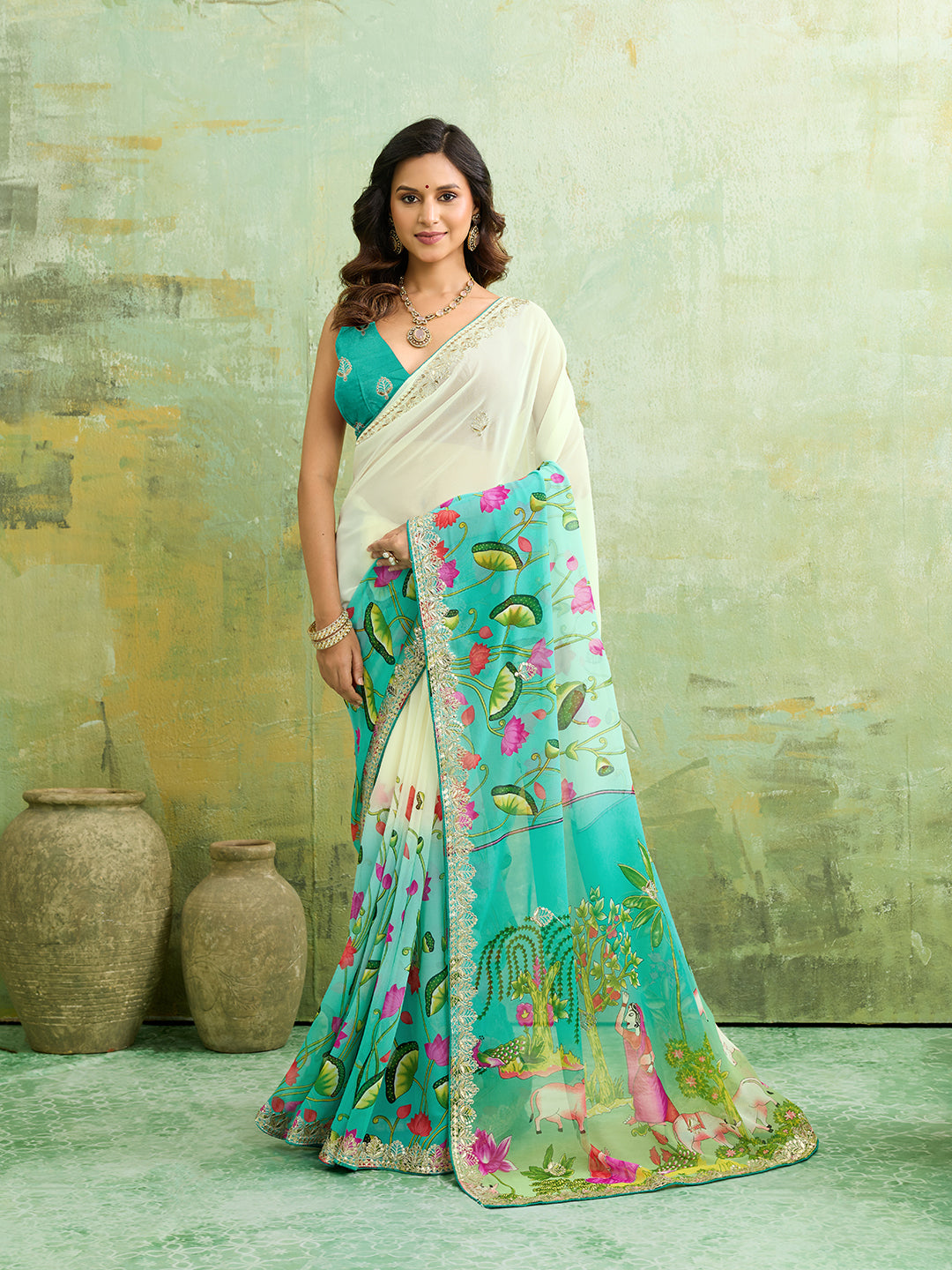 KcPc Premium Pure Georgette Saree with Stylish Sequence Gota DetailingSAN